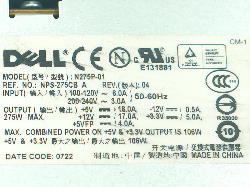 Dell 740 9100 5100 5500 275W N275P-01 N275P-00 H275P-00 H275P-01 B275AM-00 D275P-00 L275E-01 Power Supply